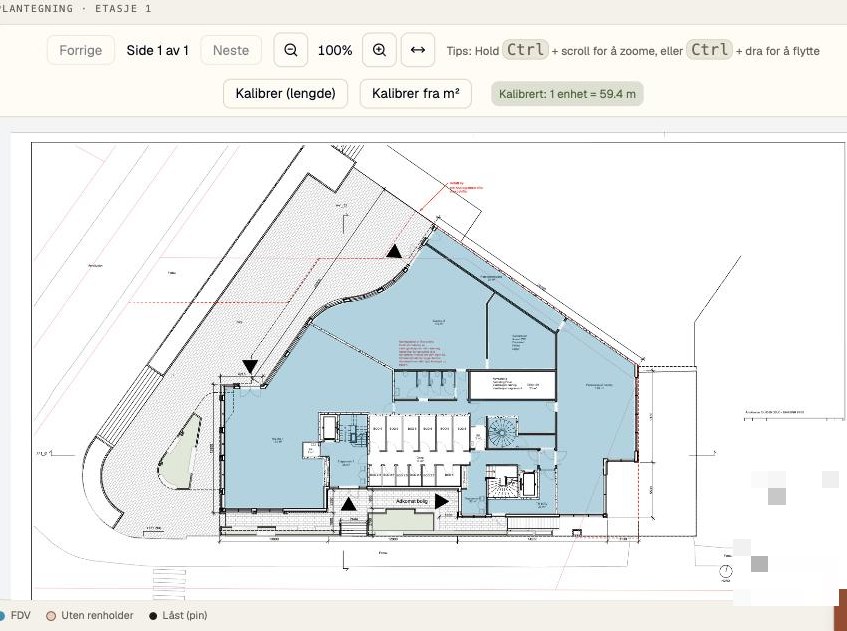 Renholdsplanleggeren i SmartFDV: byggets plantegning der rommene som er tildelt en renholder er markert i blått, med tegnforklaring for tildelt, uten renholder og låst.
